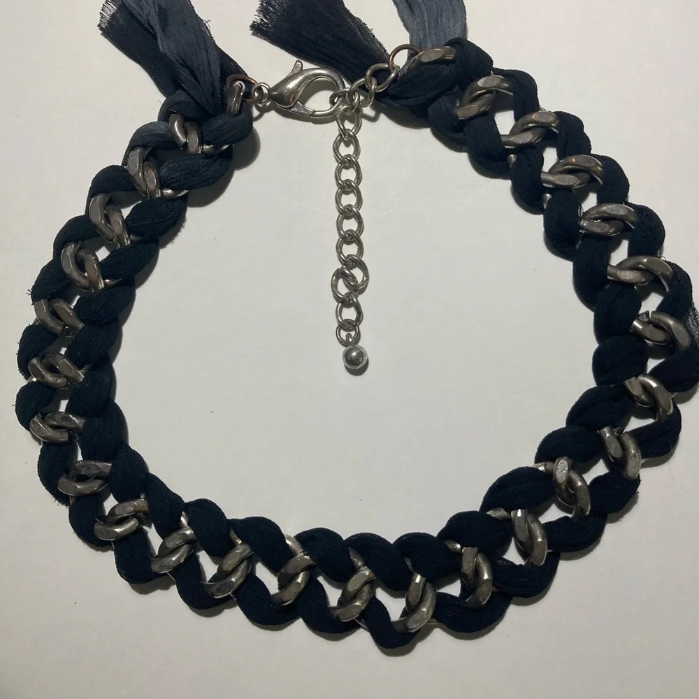 Ribbon Black and Silver Chain Choker Necklace - Picture 3 of 8